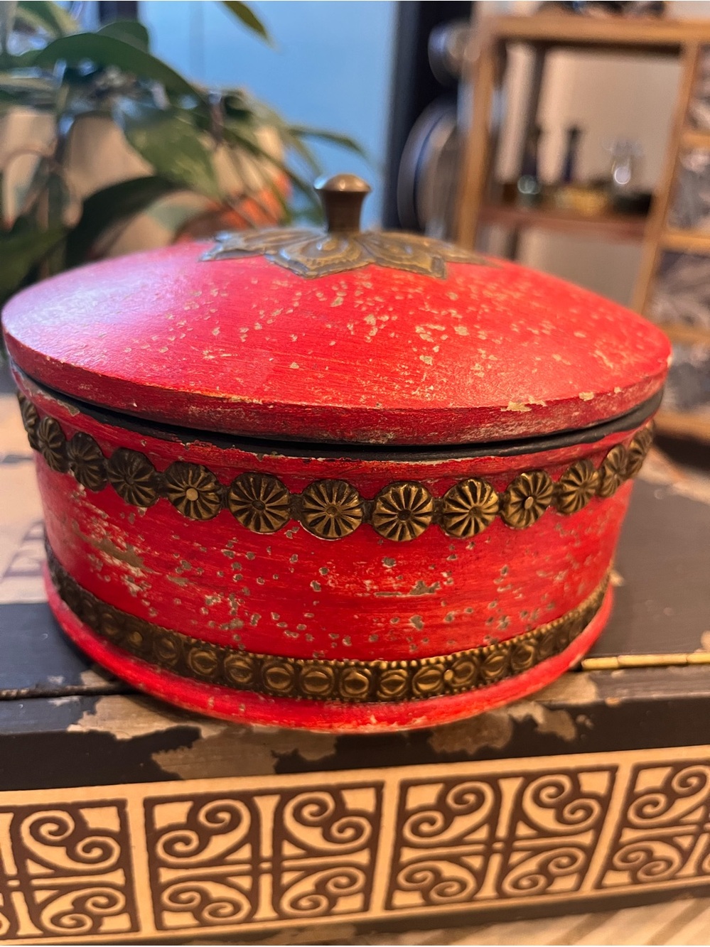 Vintage look Decorative Red Black Round Trinket Box with Brass Accents